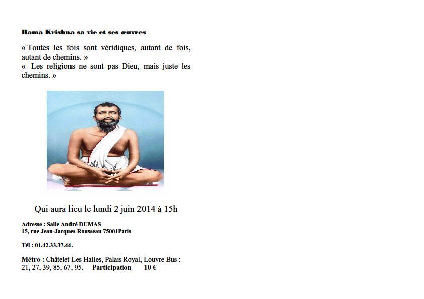 Annonce sur Ramakrishna  sa vie et ses ouevres